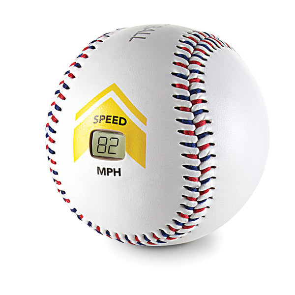 Front view of training baseball with speedometer showing speed of 82 mph