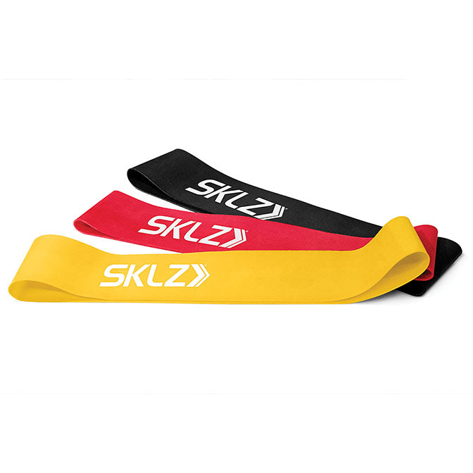 Three mini training bands in yellow, red and black