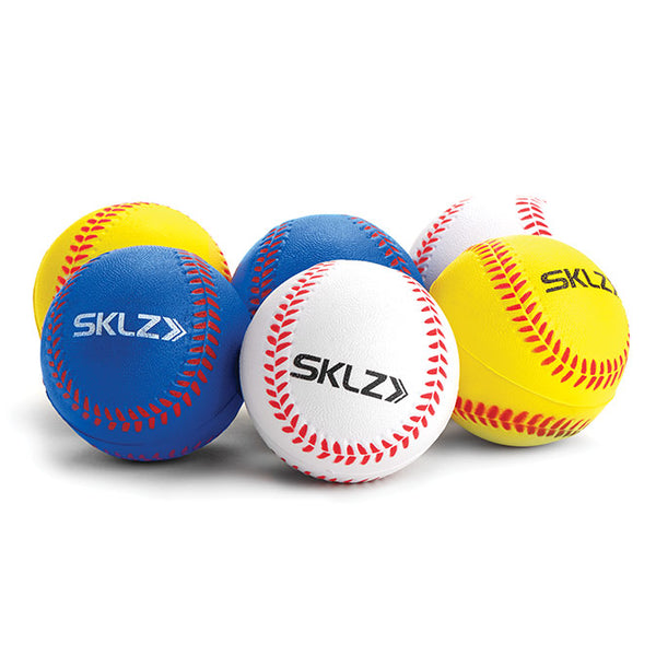 Multi colored round SKLZ Foam training balls sitting together on a white background