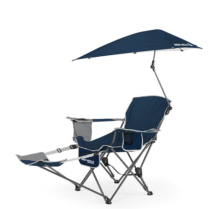 Blue reclining chair with attached umbrella