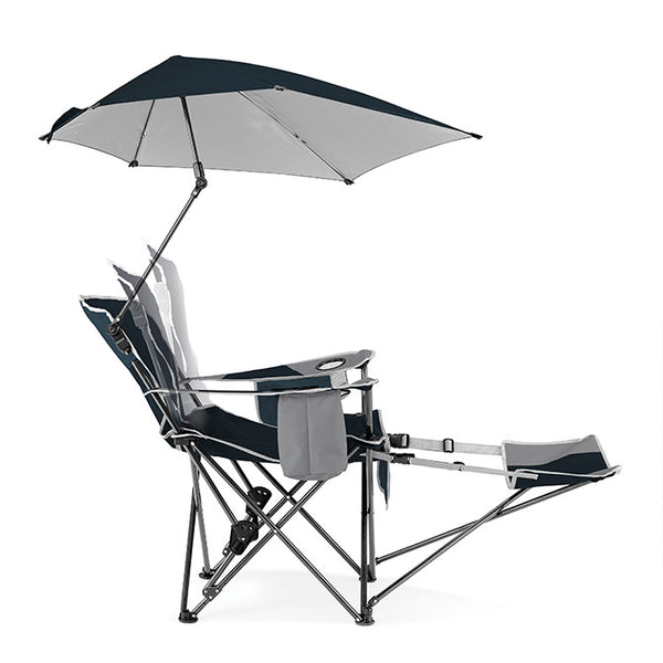 Blue reclining sports chair with attached umbrella