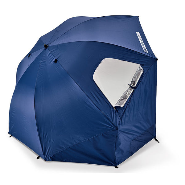 Side view of Blue umbrella with side flaps hanging down