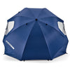 Blue umbrella with side flaps hanging down