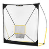 Angled view of large square shaped baseball hitting net with smaller yellow net in middle