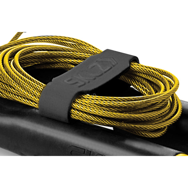 Close up of yellow speed rope and black handles