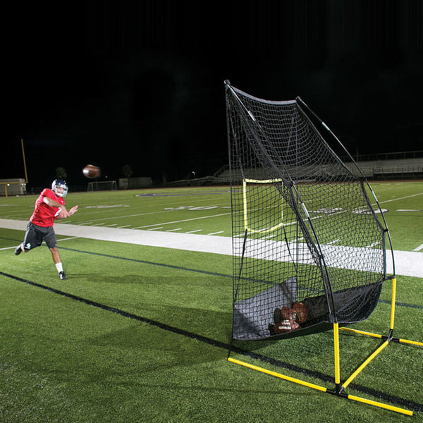 Football QB practicing his throwing using the SKLZ Quickster 4-in-1 FB trainer.