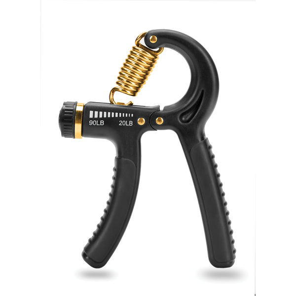 Black grip strength trainer with gold coil