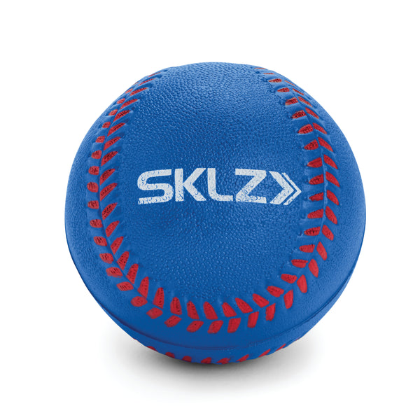 Blue round SKLZ Foam Training Ball with red stitching sitting on a white background