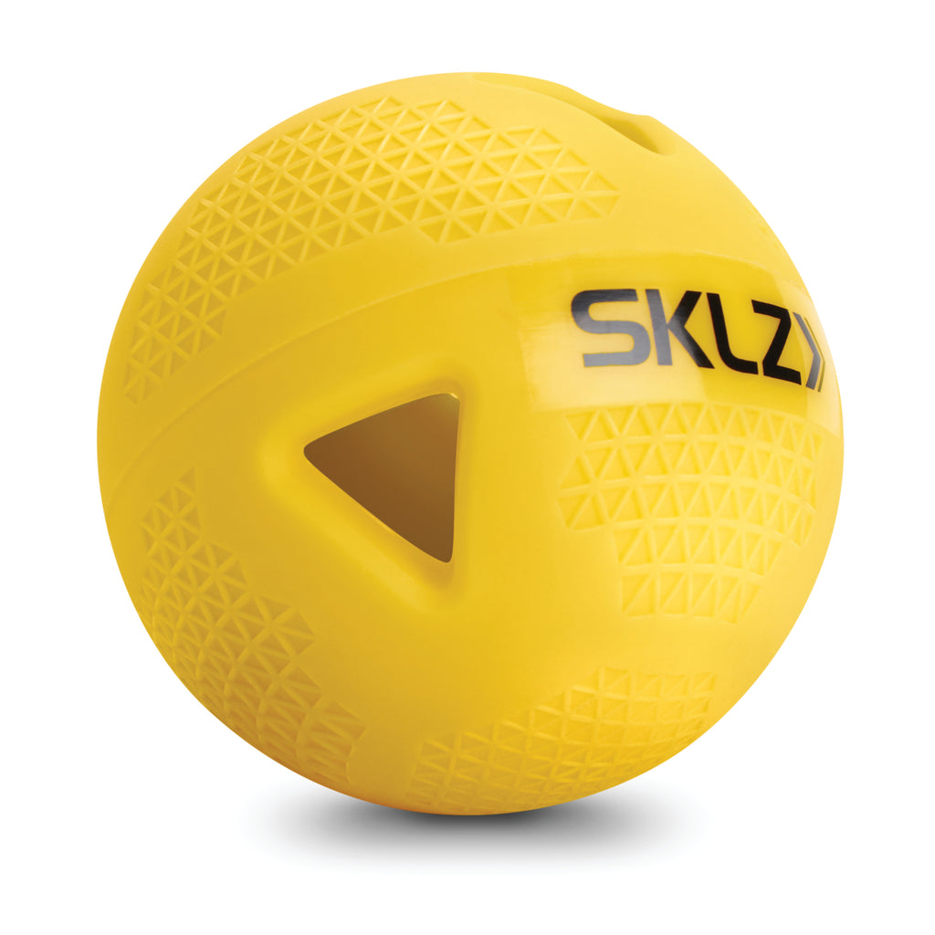 Yellow SKLZ premium impact baseball sitting on a white background