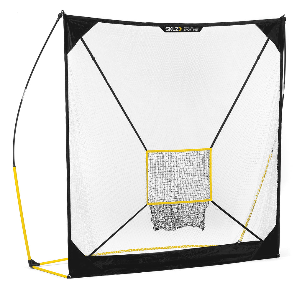 Front view of large square shaped baseball hitting net with smaller yellow net in middle