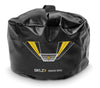 Front view of black golf training bag with yellow and white image