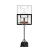 Front view of black basketball system with faded backboard showing height adjustment