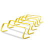 Six yellow speed hurdles in a row.