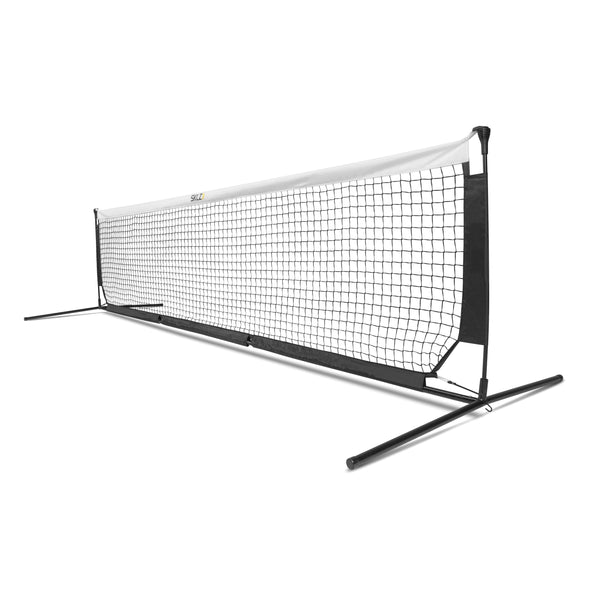 Side view of Black and white soccer volley net