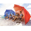 Friends sitting under large Blue and Red Sports Brella 