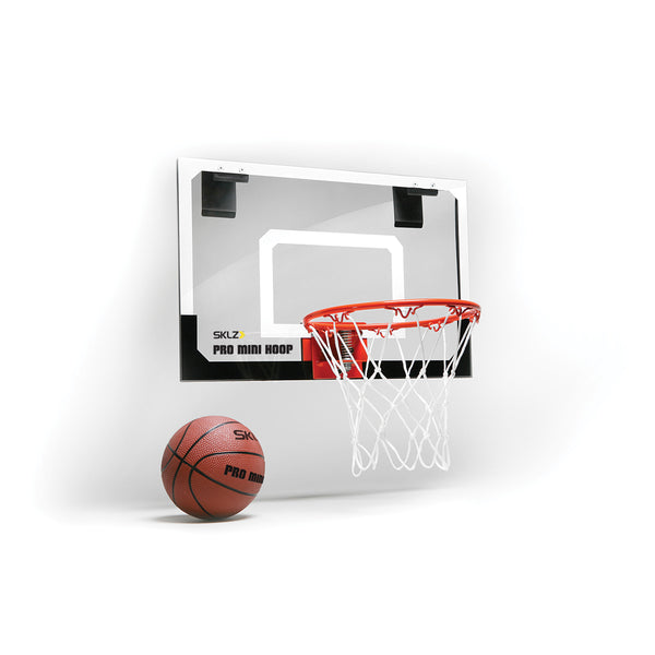 Side view of mini white and black basketball hoop and backboard