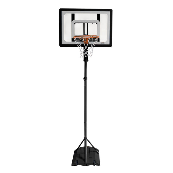 Black basketball system with black base a clear backboard